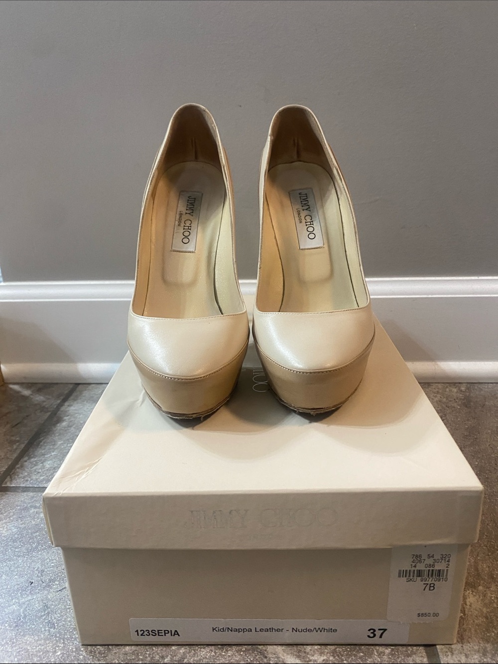 Jimmy Choo Nude/White Leather Platform Pumps